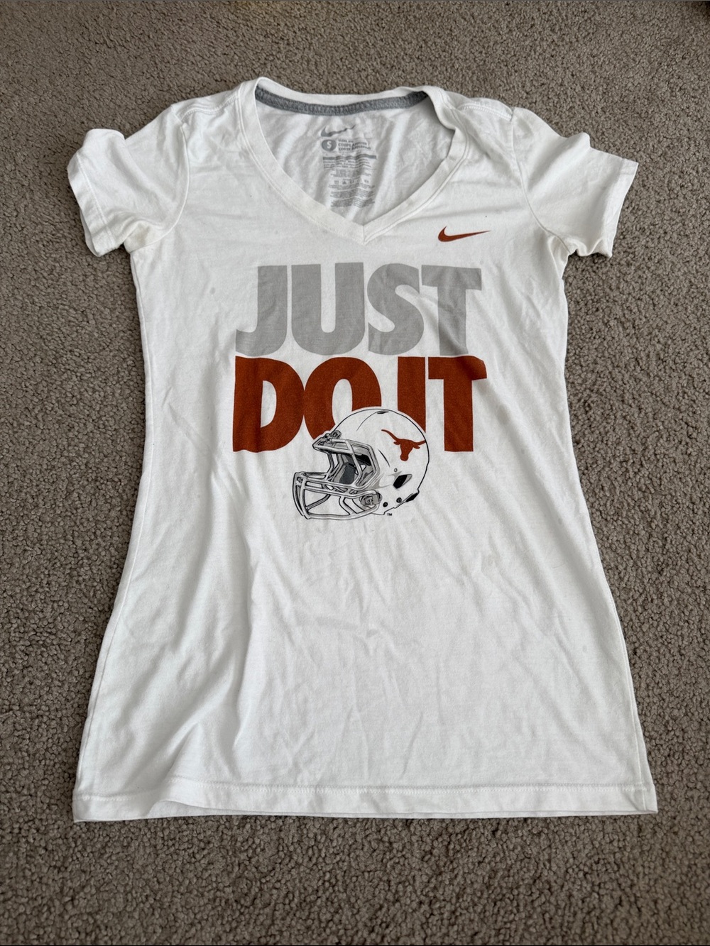 Nike White V‑Neck 'Just Do It' Tee with Burnt Orange Accents